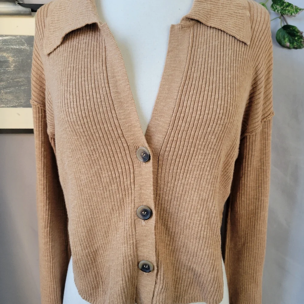 Free People Ella Button-Up‎ Ribbed Cardigan Sweater Iced Coffee Tan S